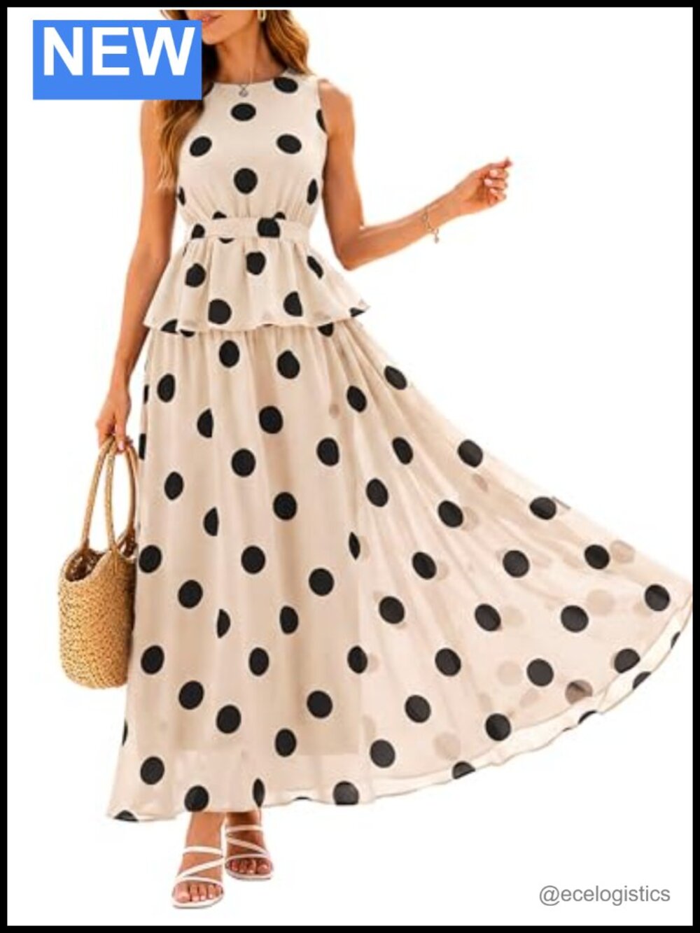 Womens 2 Piece Polka Dot Maxi Skirt Set Sleeveless Peplum Top Flowy Summer